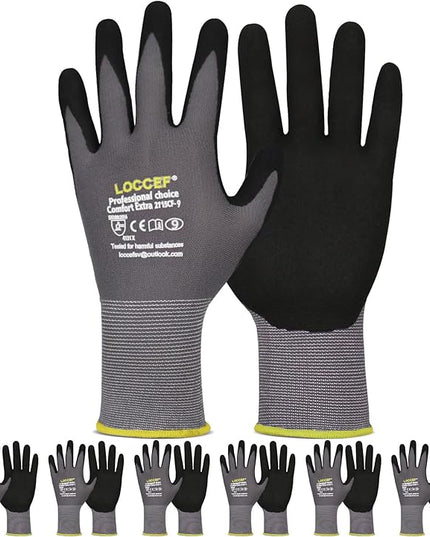 LOCCEF Work Gloves MicroFoam Nitrile Coated-6 Pairs,Seamless Knit Nylon Gloves,Gray Work gloves