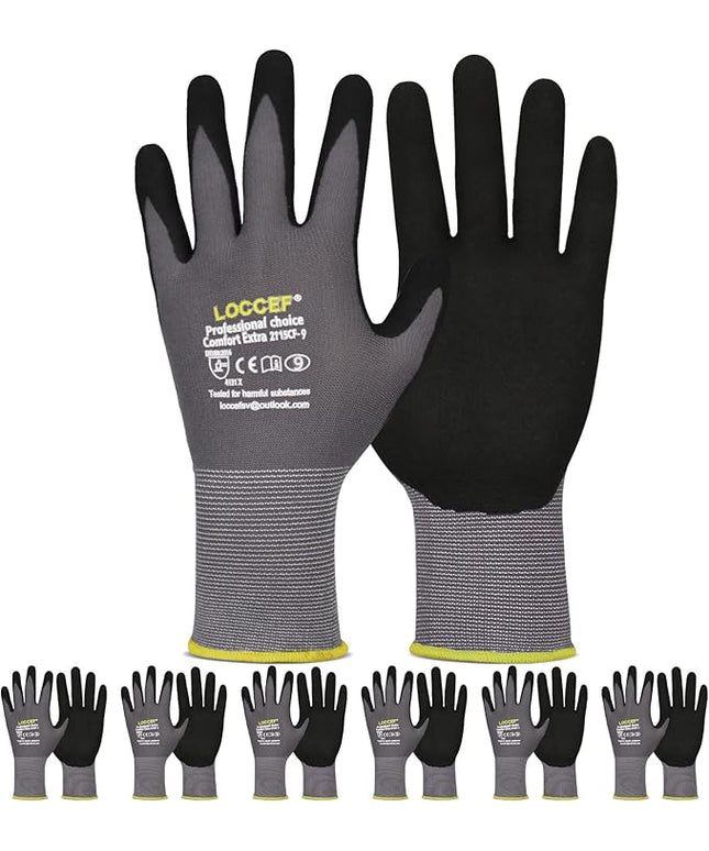 LOCCEF Work Gloves MicroFoam Nitrile Coated-6 Pairs,Seamless Knit Nylon Gloves,Gray Work gloves