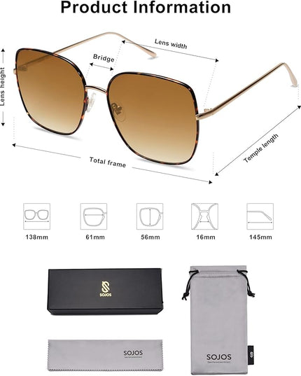 SOJOS Trendy Oversized Square Metal Frame Sunglasses for Women Men Retro Big Flat Lens UV Protection Sunglasses SJ1146