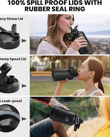 One Gallon Water Bottle Insulated, Triple Walled Vacuum Stainless Steel (Cold for 48 Hrs), Leak Proof & Non-BPA, Large Water Flask Jug with Paracord Handle & Straw Spout Lids