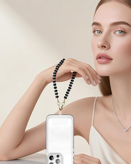 Natural Stone Beaded Phone Wrist Strap for Women – Detachable Chain Wristlet, Durable 304 Stainless Steel Core (Obsidian-Black)