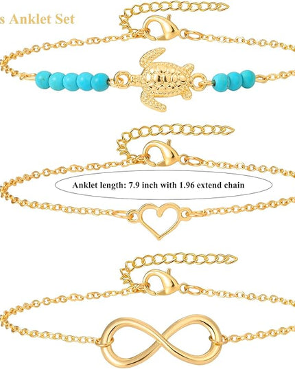 Starain 12Pcs Summer Beach Anklets for Women Waterproof Gold Silver Chain Ankle Bracelets Cute Women's Foot Anklet Set 7.9-10.5 inch Adjustable