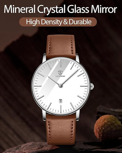 L LAVAREDO Watch for Men, Extremely Thin Mens Watches Minimalist Analog Men's Leather Wrist Watches with Time/Date, Birthday Gift for Men Boyfriend