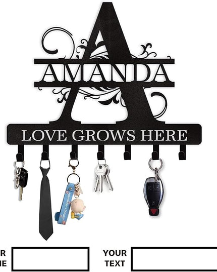 Dyoart Personalized Key Holder for Wall, Custom Name Key Hooks for Wall Organizer, Customized Anniversary Housewarming Gifts Key Rack Wall Mount for Front Door Hallway Bedroom Decor