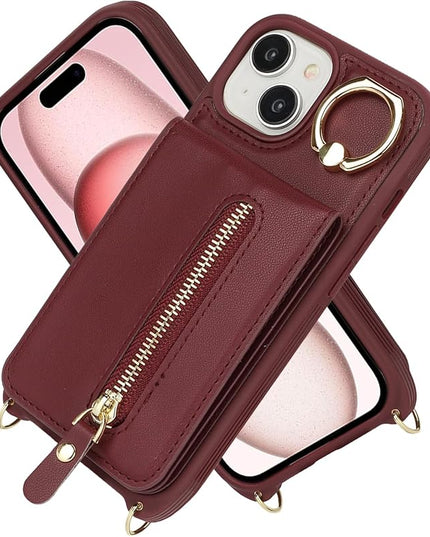 for iPhone 15 Wallet Case with Card Holder, for iPhone 15 Case Wallet with Strap Credit Card Slot, Crossbody Bag with Zipper Case for iPhone15 - Red Wine