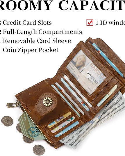 Blucoay Womens Wallet,RFID Blocking Wallet Women,Soft Leather Bifold Small Wallets For Women Card Holder With Removable ID Window darkbrown