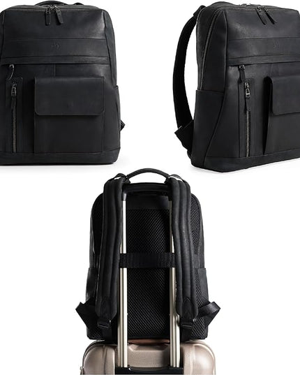 VELEZ Black Leather Backpack for Men & Women - Large Capacity Laptop Travel Backpack with 17" Sleeve - Vintage Travel Bag with Adjustable Straps, Multiple Pockets & Trolley Sleeve