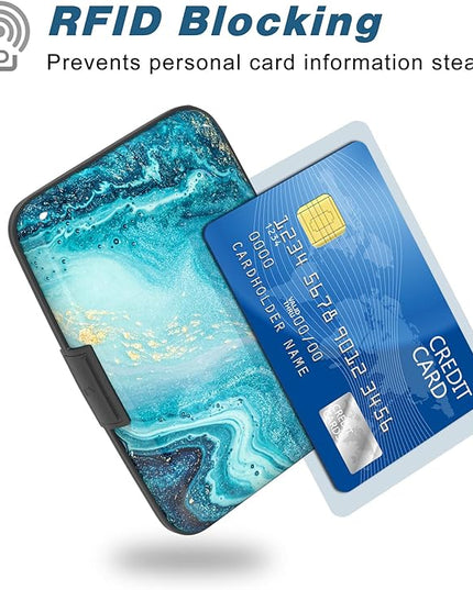 Atufsuat Credit Card Holder, Mini Aluminum Card Wallet RFID Blocking Slim Metal Hard Card Case for Women Men, Blue Ocean Marble