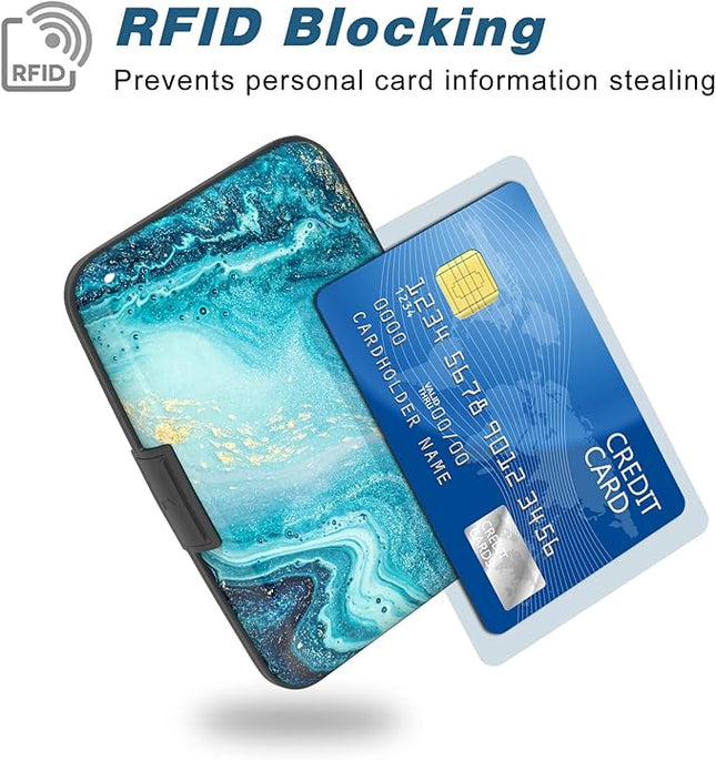 Atufsuat Credit Card Holder, Mini Aluminum Card Wallet RFID Blocking Slim Metal Hard Card Case for Women Men, Blue Ocean Marble