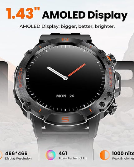 WalkerFit Military Smart Watch for Men (170+ Sports Modes), 1.43" AMOLED Rugged Watch with Bluetooth Call, 5ATM Waterproof Fitness Tracker Watch, Long Battery, Compatible with iPhone Android