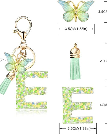 Fashion Alphabet Initial Letter Keychain Tassel Butterfly Pendant Key Ring for Purse Handbags Women Girl