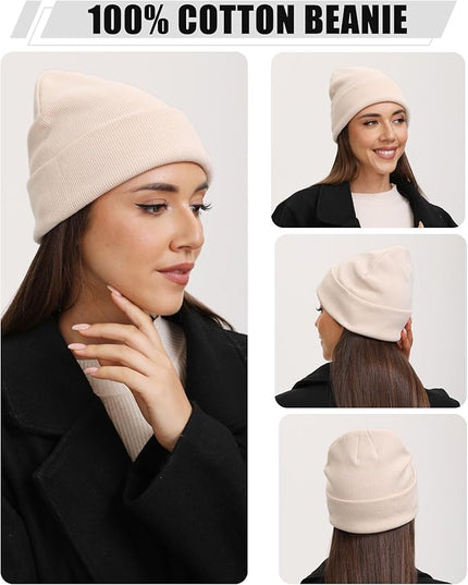 100% Cotton Beanie Hat- Unisex Ultra Soft Winter Warm Stretch Knit Cuffed Hats Fisherman Beanies Skull Cap