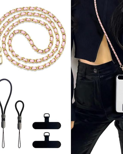BFSDDM Crossbody Phone Strap, 2 Pads, Leather & Wrist Strap, Adjustable Finger Strap, Universal Crossbody Patch Phone Lanyard - Compatible with Most Smartphones (Pink, 48in)