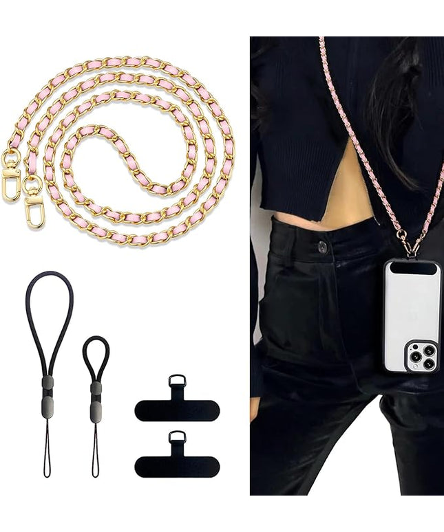 BFSDDM Crossbody Phone Strap, 2 Pads, Leather & Wrist Strap, Adjustable Finger Strap, Universal Crossbody Patch Phone Lanyard - Compatible with Most Smartphones (Pink, 48in)