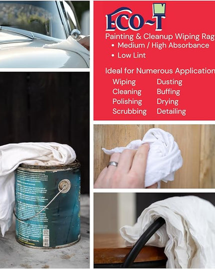25Lb Box Eco-T Paint Rags - White T-Shirt Material, 100% Recycled, Eco-Friendly, High Absorbency, Low Lint, Low-Cost, Painting and Cleaning Cloth