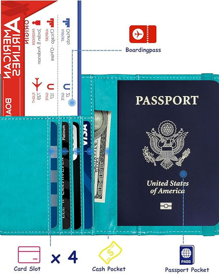 TOURSUIT RFID Blocking Passport Holder for Women Men, Leather Passport Travel Wallet with Metal 3D Metal Badge, Travel Document Holder Cover Accessories (Light Blue)