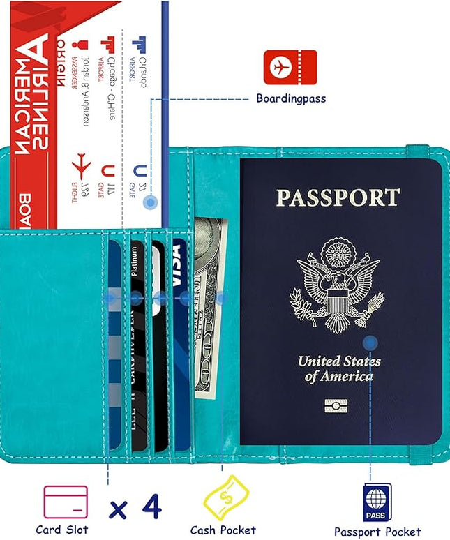 TOURSUIT RFID Blocking Passport Holder for Women Men, Leather Passport Travel Wallet with Metal 3D Metal Badge, Travel Document Holder Cover Accessories (Light Blue)