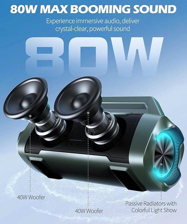 Speakers Bluetooth Wireless, 80W Peak Loud Outdoor Speaker with Bass, 20H Playtime, IPX6 Waterproof, TWS，BT5.3, Portable for Camping Hiking Boating Pool Beach, Olive Green