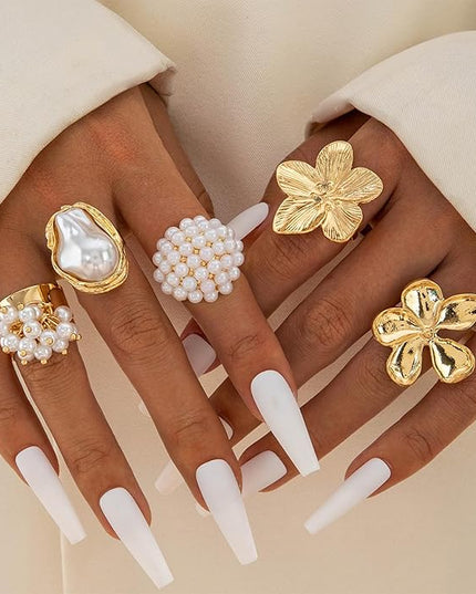 Chunky Gold Rings for Women Non Tarnish Statement Flower Ring Baroque Pearl Stackable Rings Set 6Pcs Chunky Jewelry