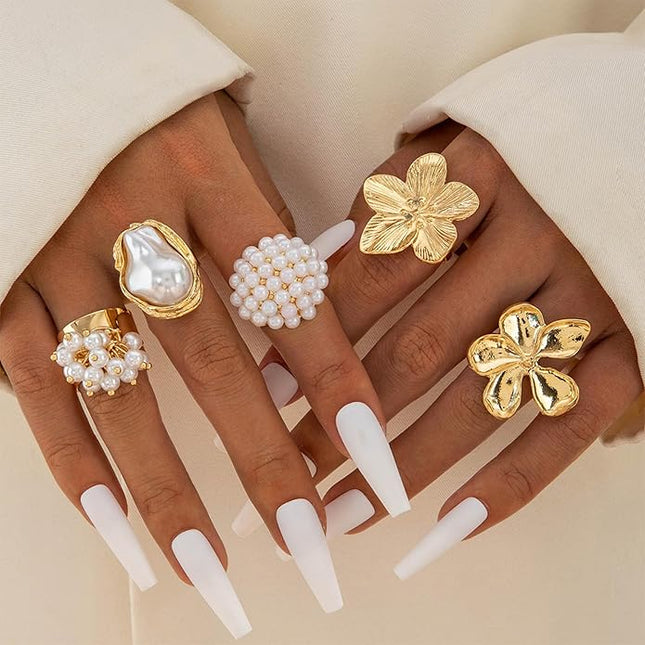Chunky Gold Rings for Women Non Tarnish Statement Flower Ring Baroque Pearl Stackable Rings Set 6Pcs Chunky Jewelry