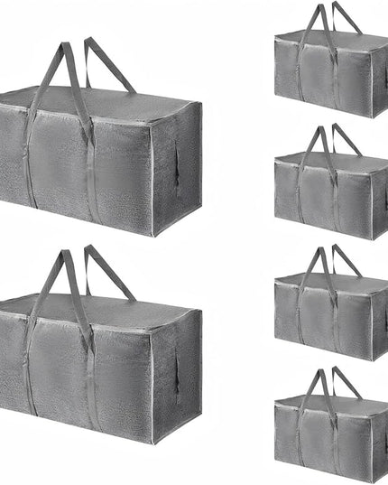 6 Pack-Extra Large Heavy Duty Moving Bags - Waterproof Storage Totes with Handles & Zippers, Foldable for College Dorm, Storage (Gray)