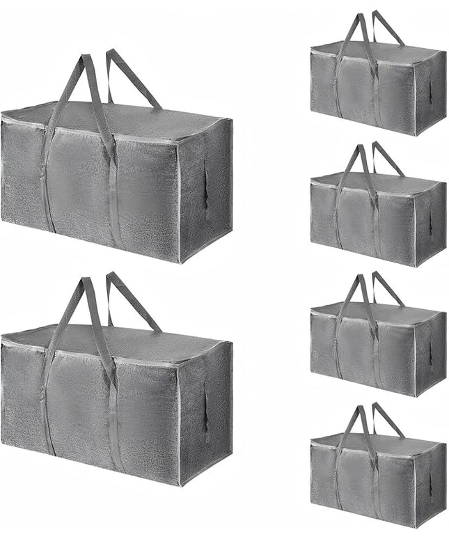 6 Pack-Extra Large Heavy Duty Moving Bags - Waterproof Storage Totes with Handles & Zippers, Foldable for College Dorm, Storage (Gray)
