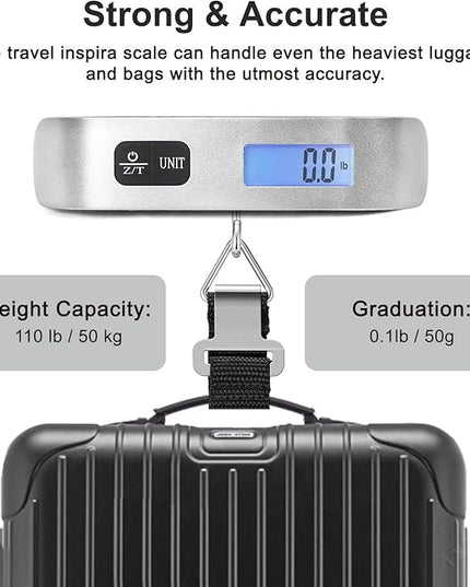 travel inspira Luggage Scale, Portable Digital Hanging Baggage Scale for Travel, Suitcase Weight Scale with Rubber Paint, 110 Pounds, Battery Included, Sliver, 2 Pcs