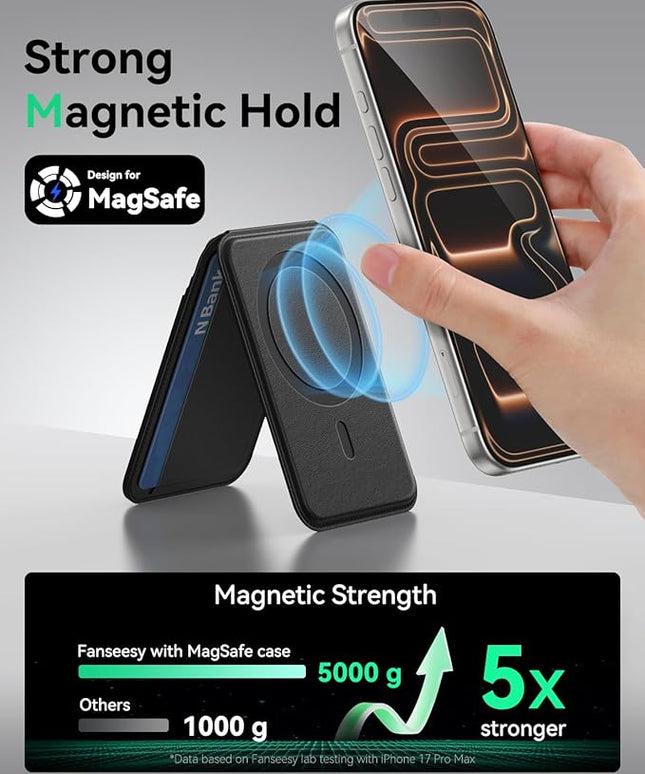 Fanseesy for MagSafe Wallet with Stand, 5 Card Holder, Slim Leather Magnetic Wallet for iPhone 17/16/15/14/13/12 Pro Max Plus Air Series, 3 Card Slots & 1 Cash Slot,Black