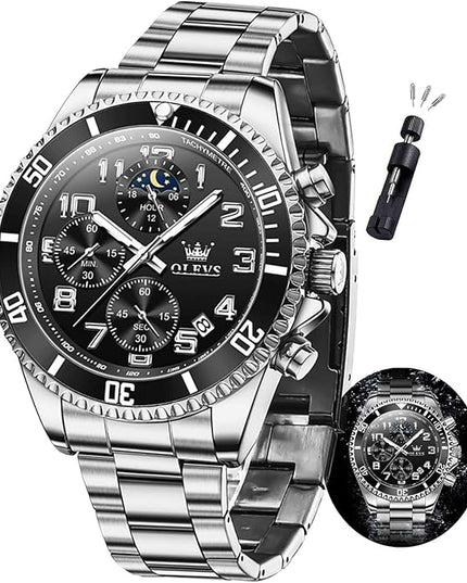 OLEVS Mens Watches Chronograph Watch Luxury Dress Stainless Steel Waterproof Watches for Men Moon Phase Luminous Business Calendar Wrist Watch Blue/Black/Green/Gold/Face