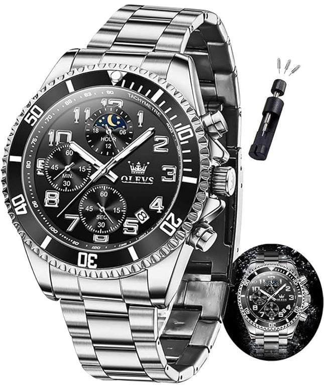 OLEVS Mens Watches Chronograph Watch Luxury Dress Stainless Steel Waterproof Watches for Men Moon Phase Luminous Business Calendar Wrist Watch Blue/Black/Green/Gold/Face