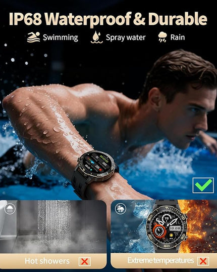Military Smart Watch for Men(Answer/Calls),1.43''AMOLED Screen,500mAh 5ATM Waterproof,170 Sports Modes, Fitness Tracker Watch with Heart Rate/SpO2/Blood Pressure for Android/iOS,Smartwatch Black