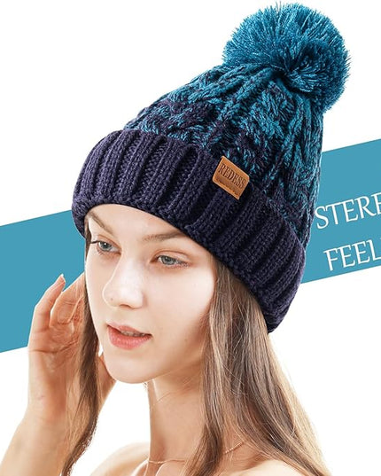 REDESS Women Winter Pompom Beanie Hat with Warm Fleece Lined, Thick Slouchy Snow Knit Skull Ski Cap