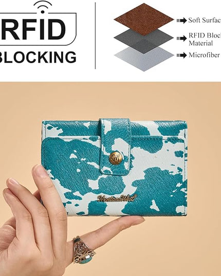 Montana West Small Wallet Trifold Blue Cow Print Wallet for Women Western Travel Wallets Womens Ladies Female Credit Card Cash Wallets with ID Window and RFID Lining