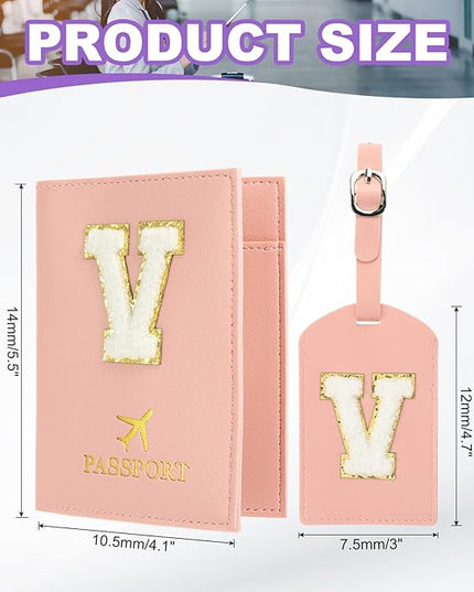 PATIKIL Passport Holder for Travel, Initial Passport Cover and Luggage Tag Set with Alphabet Chenille Letter Patch Travel Wallet Bag Suitcase Identifier for Women Family Travel Pink V