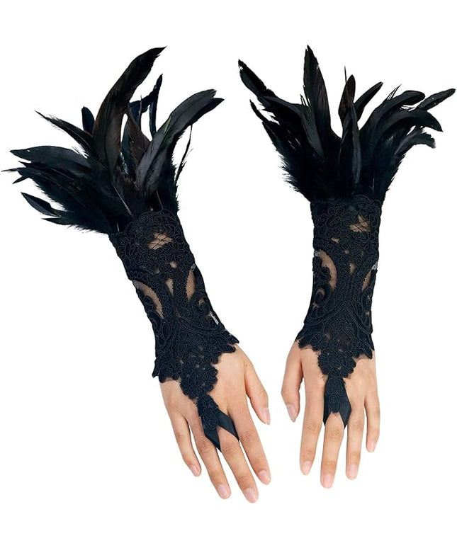HOMELEX Women Black Lace Feather Gloves Witch Angel Costume Accessories Swan Wings Wrist Bands