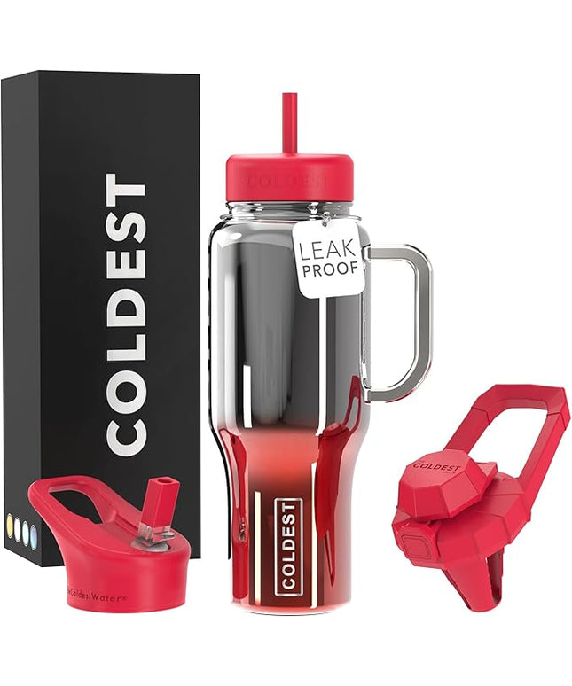 Coldest Tumbler with Handle and Straw - 100% Spill Proof Tumbler with Straw (3 Lids) - Stainless Steel Insulated Leakproof Tumblers for Women & Men - Cup Holder Friendly - 36 oz (Fire Nova)