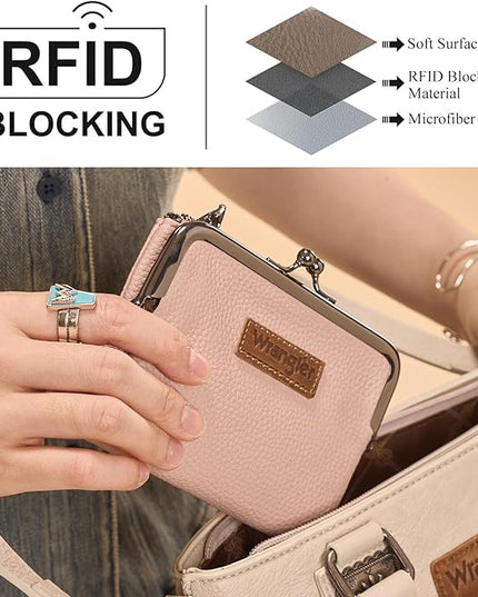 Montana West Wrangler Women's Wallet RFID Blocking Wallets Small Bifold Credit Card Holder with Kiss Clasp Pink