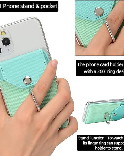 RFID Card Holder & Ring Stand for Smartphones - Adhesive Wallet for iPhone & Android - Polyester Green