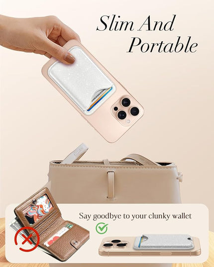 Shorogyt Phone Wallets Compatible with Magsafe Wallet Glitter - Magnetic Card Holder White for Women Teen Girls for iPhone 17/16/15/14/13/12 Series Slim for Apple Mag RFID Magnet, Fit 3 Cards