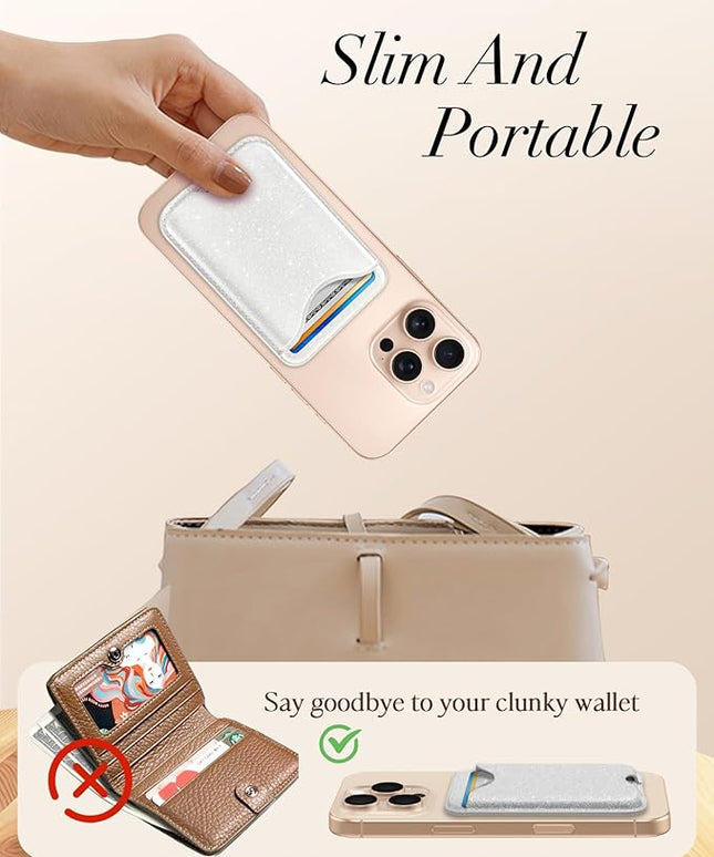 Shorogyt Phone Wallets Compatible with Magsafe Wallet Glitter - Magnetic Card Holder White for Women Teen Girls for iPhone 17/16/15/14/13/12 Series Slim for Apple Mag RFID Magnet, Fit 3 Cards