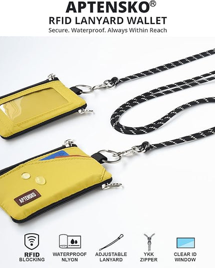 RFID Travel Wallet with Adjustable Lanyard-Zipper Small Wallet with ID Card Holder, Keychain for women&men-Minimalist Slim Waterproof Nylon case for ID, Cash, Key (Dark Yellow)