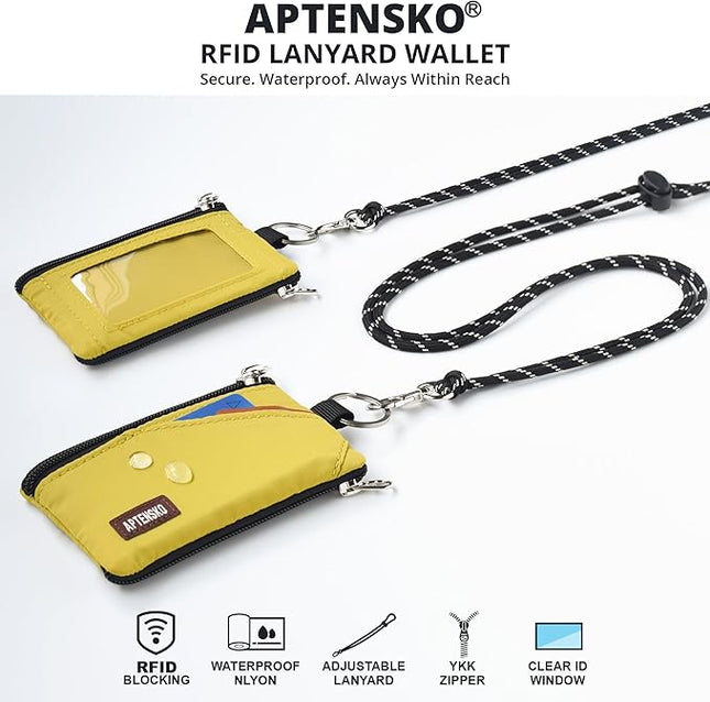 RFID Travel Wallet with Adjustable Lanyard-Zipper Small Wallet with ID Card Holder, Keychain for women&men-Minimalist Slim Waterproof Nylon case for ID, Cash, Key (Dark Yellow)
