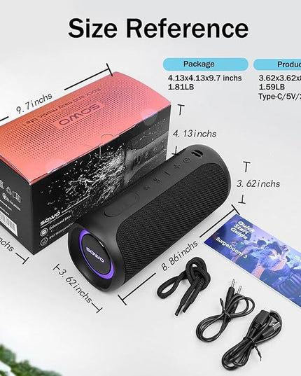 Wireless Waterproof Bluetooth Speaker - Portable Speaker Loud with Built-in Subwoofer and Tweeter, Extra Bass, Stereo Sound, IP67, Colorful Lights for Party, Outdoor, Camping - Black