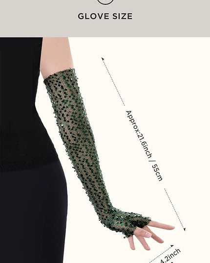 BABEYOND Opera Gloves for Women - Long Fingerless Sequin Sparkling Glitter Gloves Tea Party Stretchy Adult Size Elbow Length
