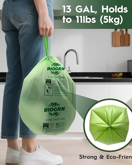 10-13 Gallon Compostable Trash Bags with Handles Tie 30 Bags Biodegradable Garbage Bags Food Scrap Green Waste Bags Thick 0.87 Mil 49.21 Liter ASTM D6400, US BPI and OK Compost Home Certified