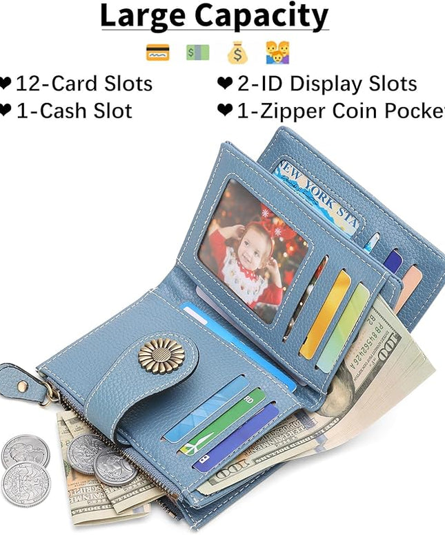 SENDEFN Small Womens Wallet Leather Bifold Card Holder RFID Blocking with Zipper Coin Pocket