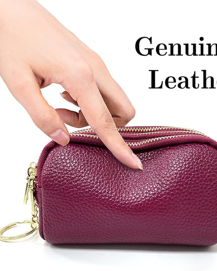 LINNO 3 Zippered Genuine Leather Coin Purse Triple Capacity Change Pouch Little Travel Wallet With Key Ring for Women