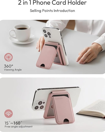 Magnetic Wallet for iPhone, Compatible with MagSafe Adjustable Stand Wallet, RIFD Blocking Leather Magnetic Card Holder for iPhone 17/16/15/14/13/12 Series, Not for iPhone 13/12 Mini(Pink)