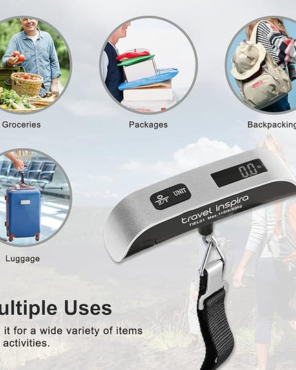 travel inspira Luggage Scale, Portable Digital Hanging Baggage Scale for Travel, Suitcase Weight Scale with Rubber Paint, 110 Pounds, Battery Included, Sliver, 2 Pcs