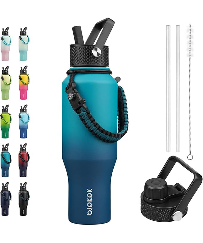 BJPKPK Insulated Water Bottles with Straw Lid, 35oz Metal Water Bottle with 2 lids & Paracord Strap, Double Wall Stainless Steel Vacuum Tumblers, Cups, Mugs, Thermo for Hot& Cold Drinks, Sea